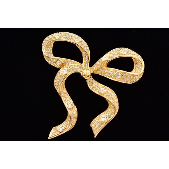 Christian Dior Vintage Crystal Bow Pin Brooch Gold Chunky Signed 80s 1980s BinBK - Picture 1 of 12